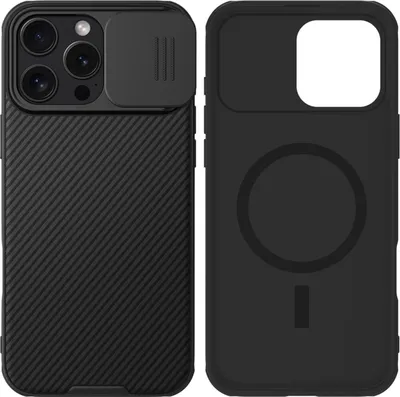 A black iPhone case is shown from the front and back.