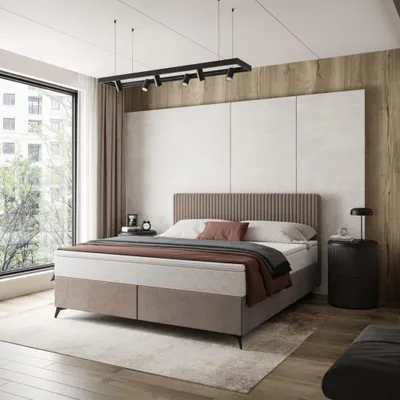 Produktbild von Doppelbett mit Matratze und Topper Wave Polsterbett mit Holzrahmen mit Gashebar Bettkasten Schlafzimmer, Farbe: Cappucino, Breite 180 cm