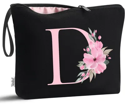 Productafbeelding van Cosmetica tas met gepersonaliseerde letter D, zwart, katoen