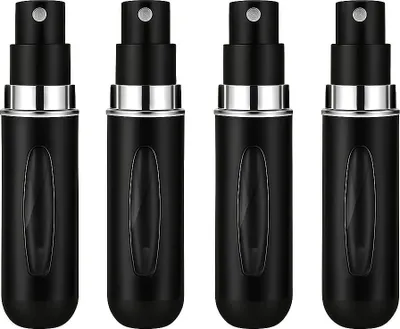 Produktbild von Mini Parfümflakon 4er Set 5 ml Nachfüllbare Reisesprays in Schwarz für Damen & Herren für Arbeit, Party & Urlaub Easy-Fill Funktion Kompakt & Leicht