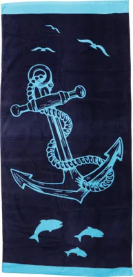 Produktbild von Großes maritimes Handtuch „Anker“ in schwarz türkis, Badetuch Strandtuch 100% Baumwolle Velours und Frottee Urlaub 75*160cm