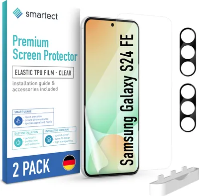 A product shot of a screen protector and camera protectors for a Samsung Galaxy S24 FE, presented in its packaging.