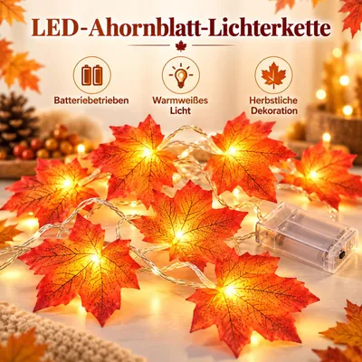 Produktbild von LED Ahornblatt Lichterkette mit 20 Lichtern – batteriebetriebene Herbstdeko mit warmweißem Licht