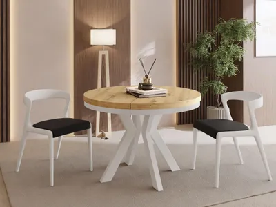 Produktbild von Runder Esstisch Ausziehbar 100-300 cm XXL Groß – Verlängerbar, für 5-14 Personen mit Weißen Holzbeinen & Metallring – Tisch für Wohnzimmer & Esszimmer in Eiche Artisan Hellbraun