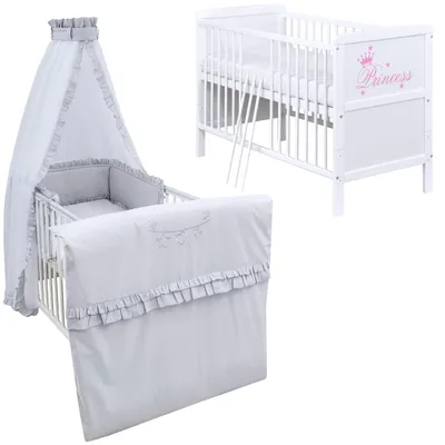 Produktbild von Baby-Delux Babybett Kinderbett Natalie Princess 70x140 Weiß mit Matratze Komplett Bettset Royal Grau Rüsche