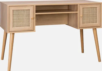 Produktbild von sweeek Schreibtisch, Retro, Holzoptik & Geflecht, Natur, 2 Türen, L 120 x T 55 x H 76,5 cm, 24,2 kg