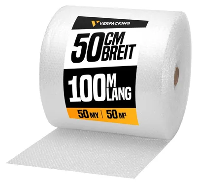 A roll of bubble wrap with product information printed on it.
