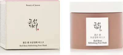 A product shot showing the packaging and the product container for a Beauty of Joseon Red Bean Refreshing Pore Mask.