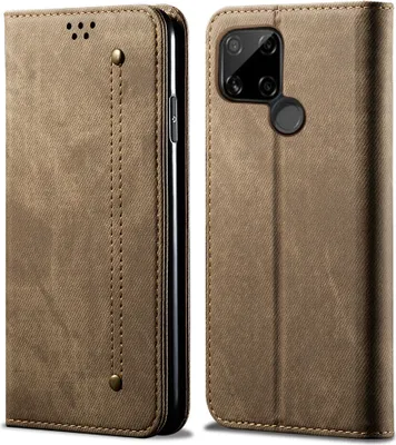 Produktbild von OPPO Realme C21 Hülle, LaimTop Denim Leder Brieftasche Magnetverschluss Flip Bookstyle Schutzhülle mit Standfunktion für OPPO Realme C21 Khaki