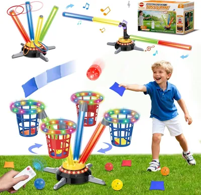Productafbeelding van 3-in-1 bonenzak- en ringwerpspel - Muzikale sprongen voor kinderen - Elektrische draaibasis met afstandsbediening
