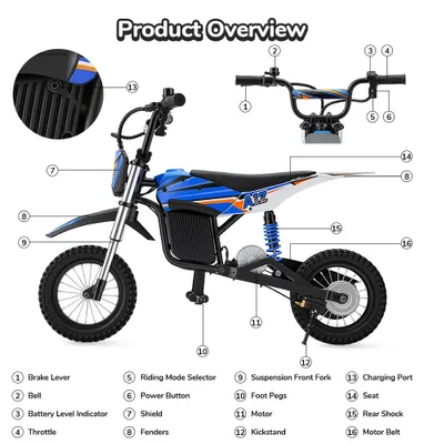 Image de VTT électrique pour enfants - Moto électrique A12 - 350 W - 36 V - Vitesse maximale : 25 km/h - Roues de 12 pouces - Suspension avant et arrière - Couleur : bleu