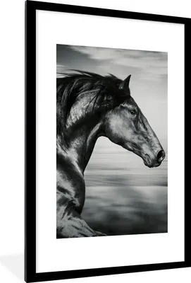 Produktbild von MuchoWow® Gerahmtes Poster Pferd - Tiere - Schwarz - Weiß 60x90 cm - Poster mit Schwarzem Bilderrahmen Wandposter Rahmen Foto Bilder - Dekoration - Wandposter Wohnzimmer - Hochwertig