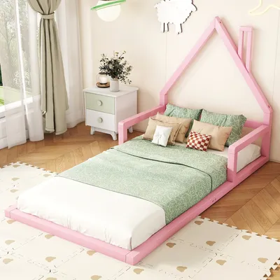 Produktbild von STILVORA Kinderbett 90×200 Jugendbett mit Lattenrost Bodenbett Flachbett Hausformbett,Mit Kaminform(Ohne Matratze), Rosa