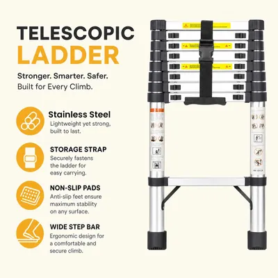 Produktbild von Teleskopleiter - Ausziehleiter - 3,2 m - Edelstahl - 150 kg Tragkraft - Rutschfeste Füße - Sicherheitsverriegelung - Ausziehbar