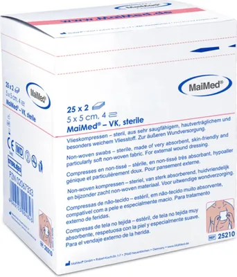 Zdjęcie produktu dla MaiMed-VK-sterylne 5x5cm 4-krotne kompresy włókninowe 25x2 szt./pudełko | pudełko (50 szt.)