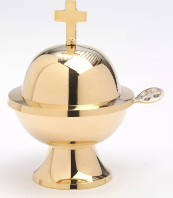 Produktbild von Weihrauch Schiffchen mit Löffel und Deckel Messing Gold (Höhe 13 cm)