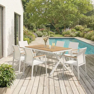 Produktbild von Gartenmöbel Set WINDY mit 1 Tisch und 6 Stühlen aus Alu und WPC in weiß/natur, Esstisch Set in Holzoptik, Stühle mit Netz witterungsbeständig bespannt, Gartensitzgruppe.
