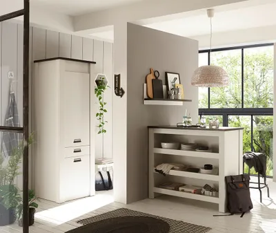 Produktbild von Küchen Set inkl. Stauraumschrank, Theke und Wandregal SHELTON-61 in Pinie weiß Nb. mit anthrazit
