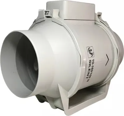 A white inline duct fan is shown against a white background.