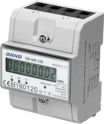 A close-up, slightly angled view of a white and gray digital electricity meter with a black display screen.