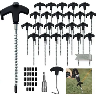 Produktbild von Zeltheringe Erdnägel Schraubheringe - 20 cm - 24 Stück - Metall - Für Rasen, harten Boden und Kies