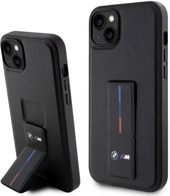 A black iPhone case with a built-in stand, featuring BMW M stripes.
