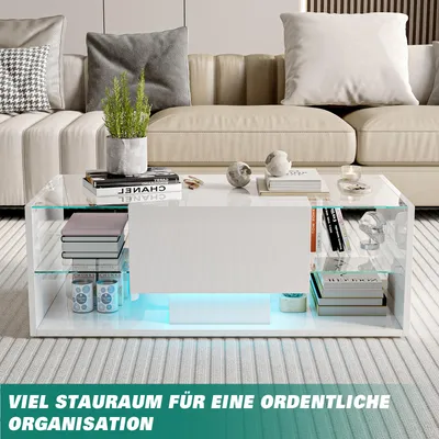 Produktbild von Couchtisch mit LED und verstecktem Stauraum,Rechteckiger Hochglanz Beistelltisch,Wohnzimmertisch,100x50x35cm, Weiß