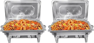 Image de Réchauffeur de buffet - Chafing Dish - Lot de 2 - Rectangulaire - Acier inoxydable - Couvercle, bacs pour l'eau et les aliments, support, support de brûleur - Argent
