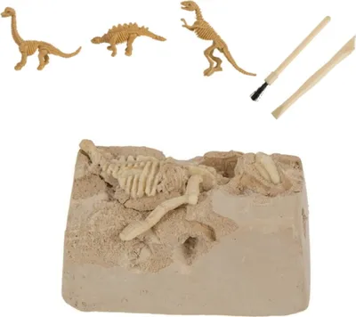 A dinosaur excavation kit with toy dinosaurs and a fossil dig block.
