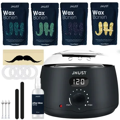 Produktbild von JHUST Wachswärmer-Set mit 400 g Wachsperlen und umfangreichem Zubehör, inklusive After-Wax-Spray, Wachs-Set (Schwarz)