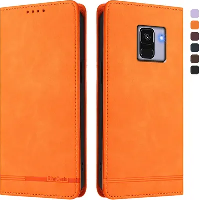 Image de Étui pour Samsung Galaxy A8 2018, étui rétro en cuirPolyuréthaneavec support et fentes pour cartes Orange