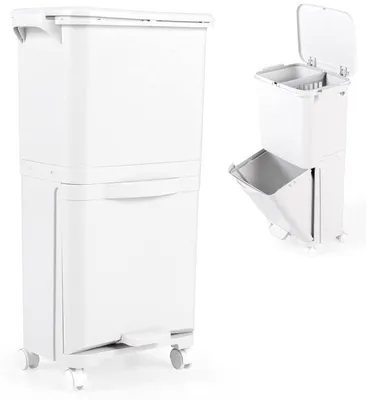 Obrázek produktu pro Odpadkový koš se 3 přihrádkami B0DZCT173Z, s kolečky, 40 l, bílý