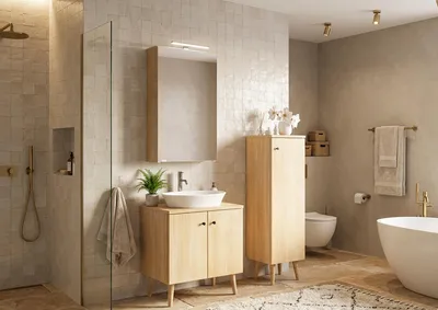 Produktbild von Badezimmermöbel-Set Eiche-Dekor Spiegelschrank Waschtisch Badschrank mit Füßen V-90.59F-03Set mit Füße