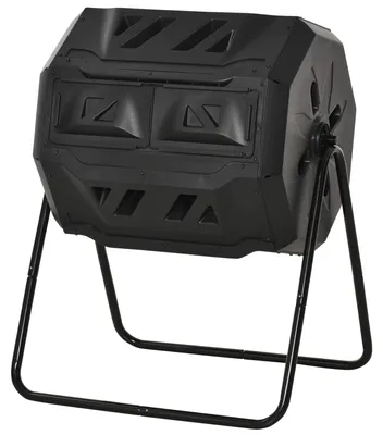 Productafbeelding van Compostbak, compostvat. Stalen frame, composter met 2 compartimenten, draaibaar, zwart. | 8 ventilatiegaten per compartiment | 160 liter | 71 x 64 x 96 cm