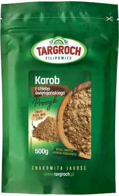 A green resealable bag of carob powder.