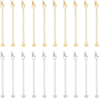 Imagen del producto de Extensiones para cadenas de acero inoxidable, juego de 20 unidades, de 50 mm de longitud, con mosquetón y dije en forma de corazón, para