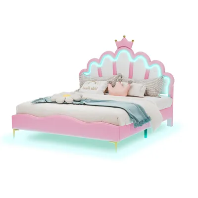 A pink princess bed with a crown-shaped headboard and LED lighting.