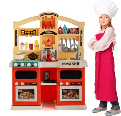 Obrázok produktu pre COSTWAY 69 KS. Detská kuchynka so svetlom & parou & hudbou & zvukom, kuchynka na hranie vrátane príslušenstva, detská kuchynka na hranie s vodným čerpadlom a drezom, hračkárska kuchynka pre deti od 3 rokov (oranžová)