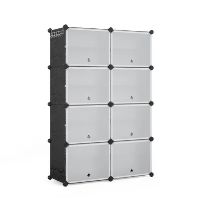 A modular shoe rack with multiple compartments, shown against a white background.