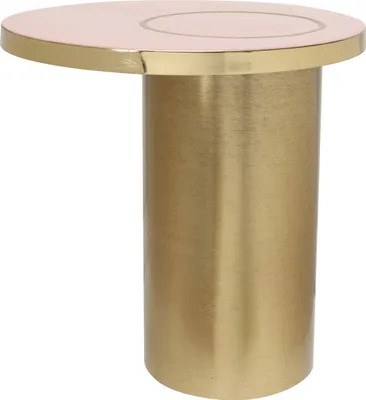 A side view of a round side table with a pink top and a gold cylindrical base.