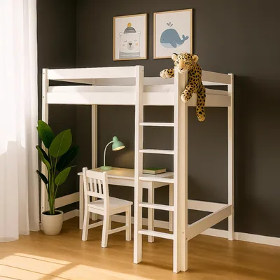 Produktbild von MEBLE WRÓBEL Hochbett 80x190 cm - Kinderbett mit Lattenrost und Rausfallschutz, Holzbett, Etagenbett mit Leiter Bett - Jugendbett Ohne Matratze Weiß - Höhe 160 cm