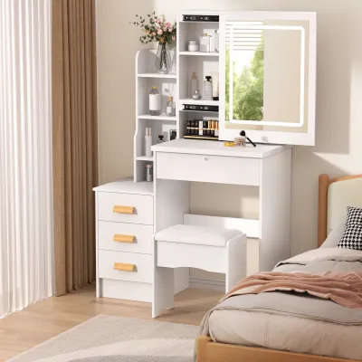 Produktbild von Schminktisch mit Schiebespiegel und Beleuchtung, Schlafzimmer Schminktisch, Schminktisch mit Schubladen & Regalen