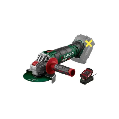A cordless angle grinder with battery and charger, presented on a white background.