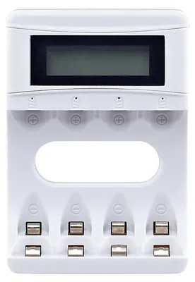 A white battery charger with an LCD screen and four battery slots.