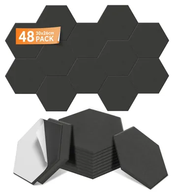 Obrázek produktu pro LARS360 Černé akustické panely, sada 48 ks, 30 x 26 cm, šestiúhelníkové, zvukově izolační nástěnné panely, zvuková izolace, zvukové absorbéry pro studio, domácí herny