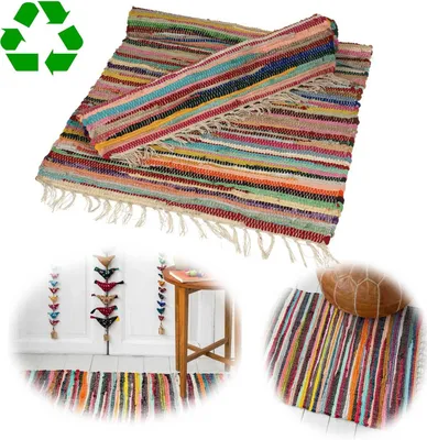Produktbild von LS-LebenStil Fleckerlteppich Dehli 90x60cm ♻️ Bunt recycelte Baumwolle Boho Flickenteppich Fransen  Regenbogen Farben Wohnzimmer Flur Kinderzimmer