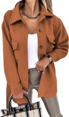 Produktbild von ASKSA Women's Single Breasted Shirt Jacket Long Sleeve Cardigan Coat Plain Outwear with Belt, Karamell, L