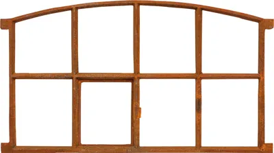 A rusty metal window frame with multiple panes, presented against a white background.