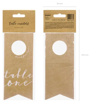 Produktbild von Tischnummern 1-10 Kraftpapier 8x18,5cm Flaschenanhänger Natur / Weiß