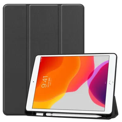 Produktbild von Mobigear Dreifach-Faltetui für iPad 8 (2020), aus TPU und Kunstleder, Klapphülle mit Stifthalter - Schwarz